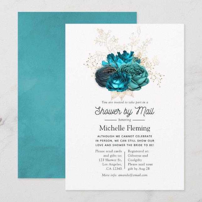 Turquoise and Gold Floral Shower by Mail Invitation (Front/Back)