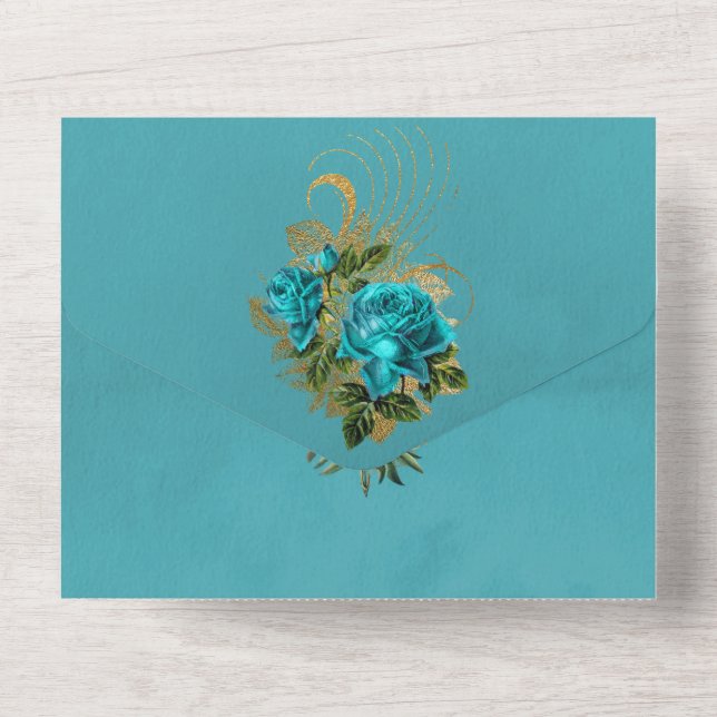 Turquoise and Gold  Floral Wedding All In One Invitation (Back)