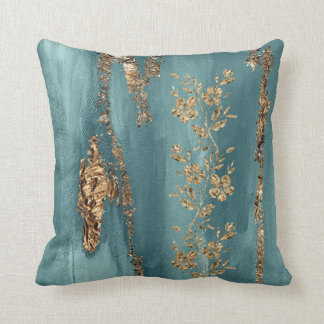 Turquoise and Gold Foil Flowers Throw Pillow