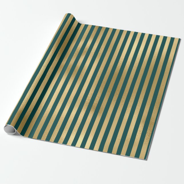 Turquoise and Gold Foil Stripes Wrapping Paper (Unrolled)