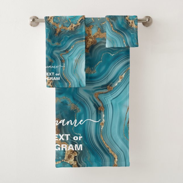Turquoise and Gold Glitter Agate  Bath Towel Set (Insitu)