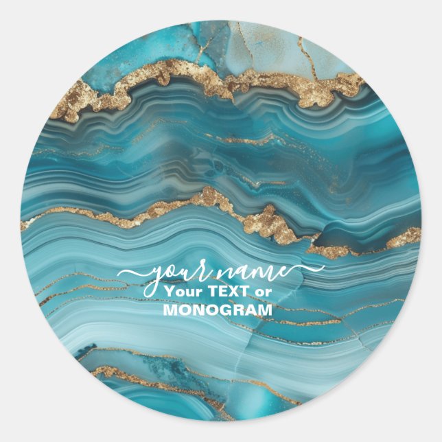 Turquoise and Gold Glitter Agate  Classic Round Sticker (Front)