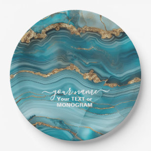 Turquoise and Gold Glitter Agate  Paper Plate