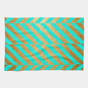 Turquoise and Gold Glitter Chevron Striped Pattern Kitchen Towel