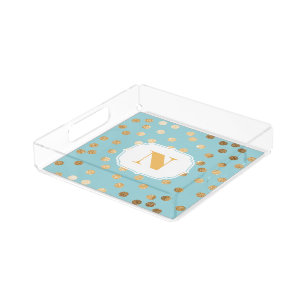 Turquoise and Gold Glitter City Dots Monogram Tray