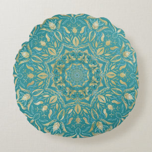 Turquoise and Gold Mandala by Tina Donovan Round Pillow