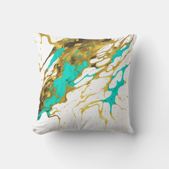 Turquoise and Gold Marbled Alcohol Ink Splash  Throw Pillow (Front)