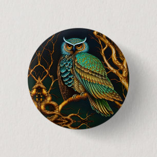 Turquoise and Gold Owl 1 Inch Round Button