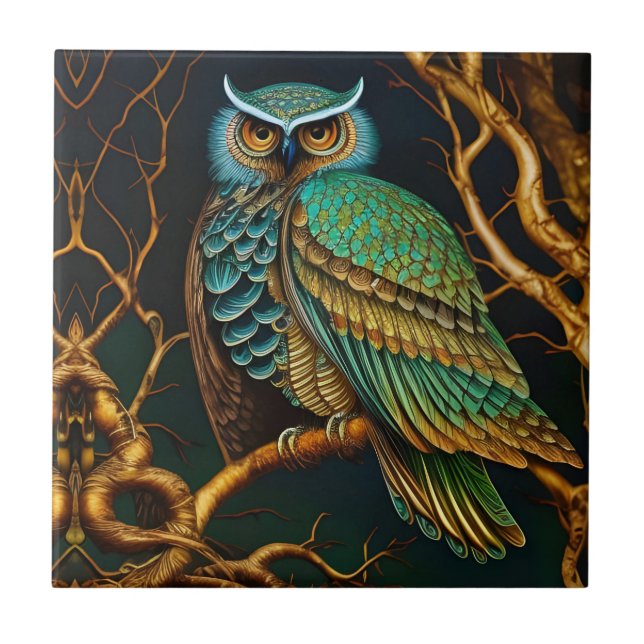 Turquoise and Gold Owl Tile (Front)