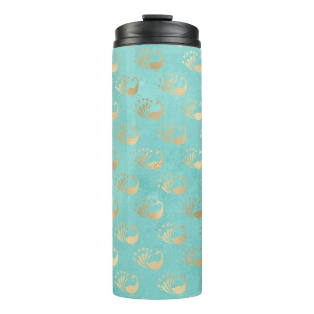 Turquoise and Gold Peacock Thermal Tumbler (Front)