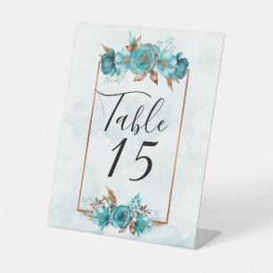 Turquoise and Gold Peony Wedding Table Number Pedestal Sign