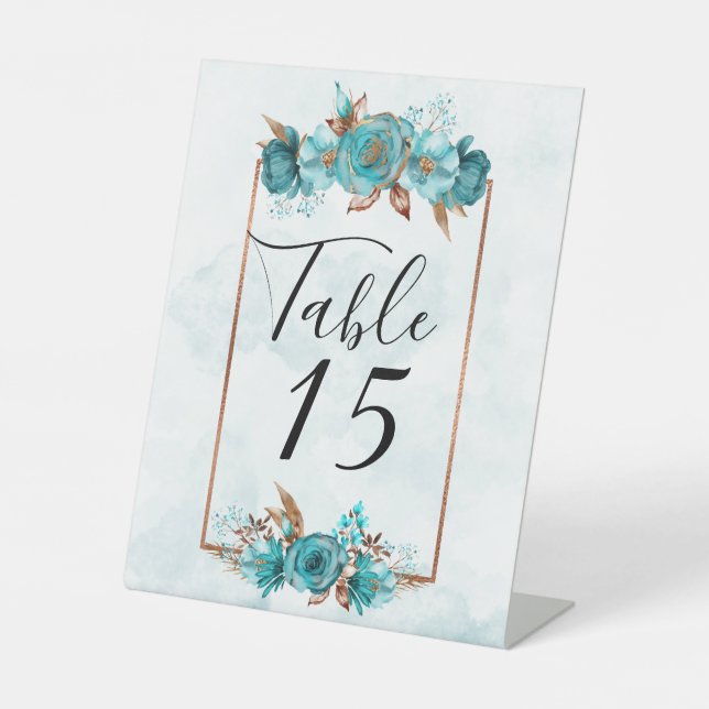 Turquoise and Gold Peony Wedding Table Number Pedestal Sign (Front)
