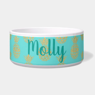 Turquoise and Gold Pineapples Custom Pet Bowl