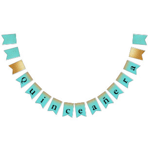 Turquoise and Gold Quinceañera Bunting Flags