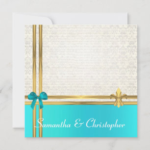 Turquoise  and gold ribbon with white  damask invitation
