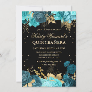 Turquoise and Gold Roses Floral Quinceanera Invitation