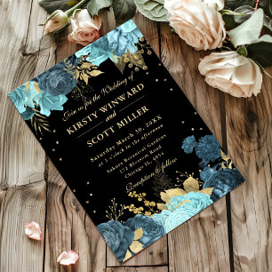 Turquoise and Gold Roses Floral Wedding Invitation