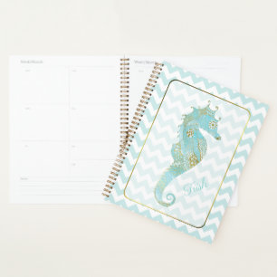 Turquoise and Gold Seahorse Personalized Planner