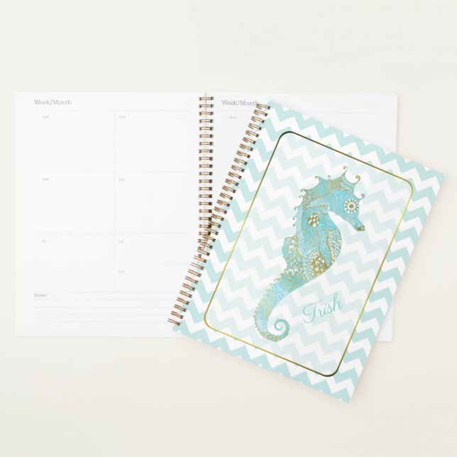 Turquoise and Gold Seahorse Personalized Planner (Display)