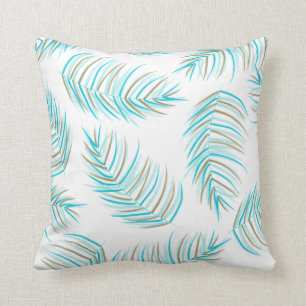 Turquoise and Gold Tropical Palm Leaves Pattern Throw Pillow