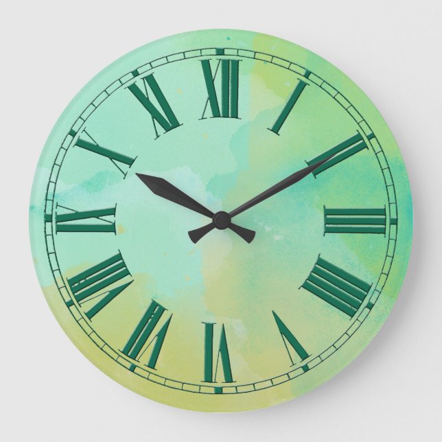 Turquoise and Gold Watercolor Effect Large Clock (Front)