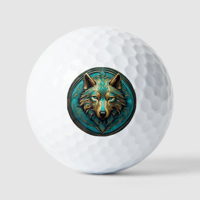 Turquoise and Gold Wolf Golf Balls (Front)