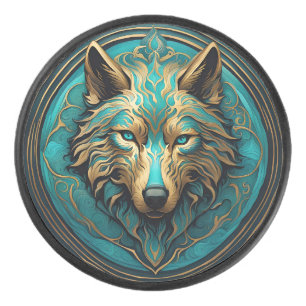 Turquoise and Gold Wolf Hockey Puck