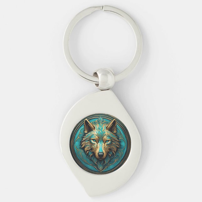 Turquoise and Gold Wolf Keychain (Front)