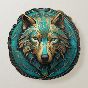 Turquoise and Gold Wolf Round Pillow