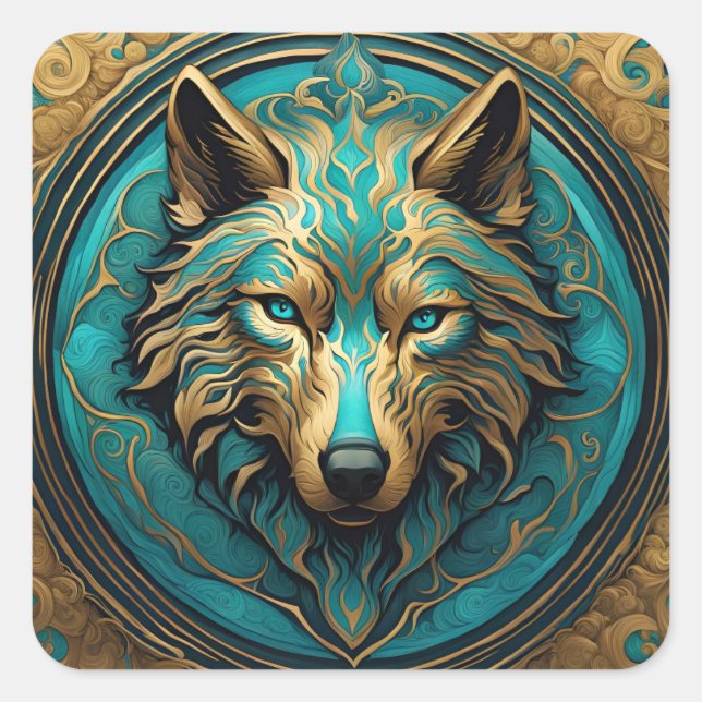 Turquoise and Gold Wolf Square Sticker (Front)