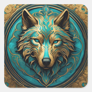 Turquoise and Gold Wolf Square Sticker