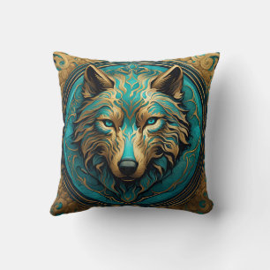 Turquoise and Gold Wolf Throw Pillow