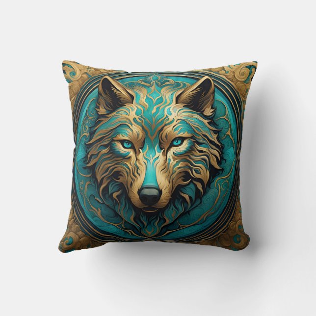 Turquoise and Gold Wolf Throw Pillow (Back)