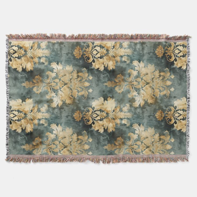 Turquoise and Golden Damask Pattern Throw Blanket (Front)