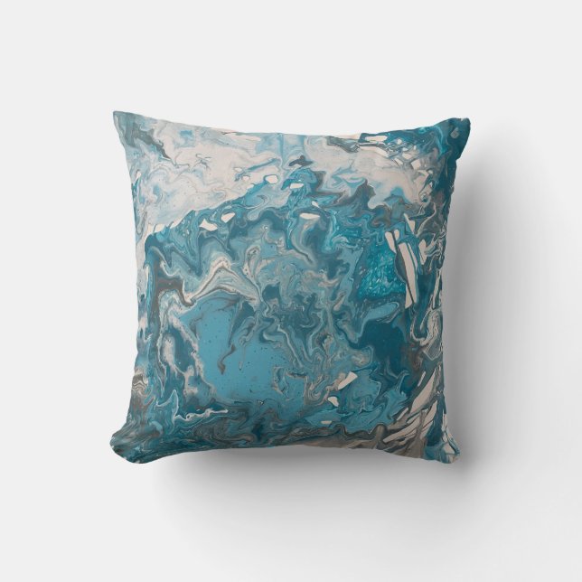 Turquoise and Gray Acrylic Pour Paint Marbleized Throw Pillow (Front)