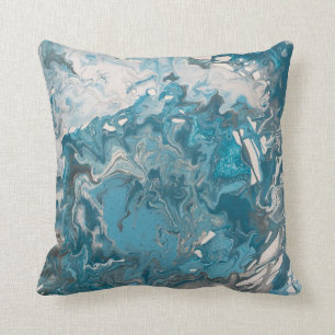 Turquoise and Gray Acrylic Pour Paint Marbleized Throw Pillow