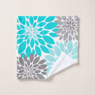 Turquoise and Gray Chrysanthemums Floral Pattern Bath Towel Set