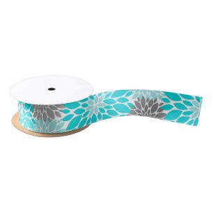 Turquoise and Gray Chrysanthemums Floral Pattern Satin Ribbon