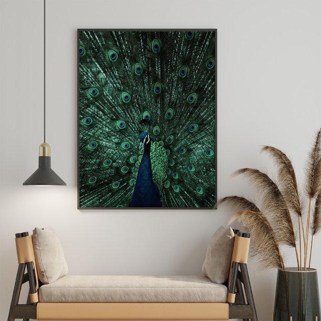 Turquoise and Green Peacock Wall Art Poster (Turquoise and Green Peacock Wall Art Poster in a neutral boho living room.)