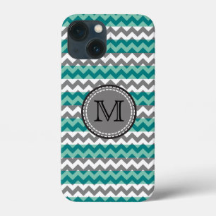 Turquoise and Grey Chevron Zigzag Monogram iPhone 13 Mini Case