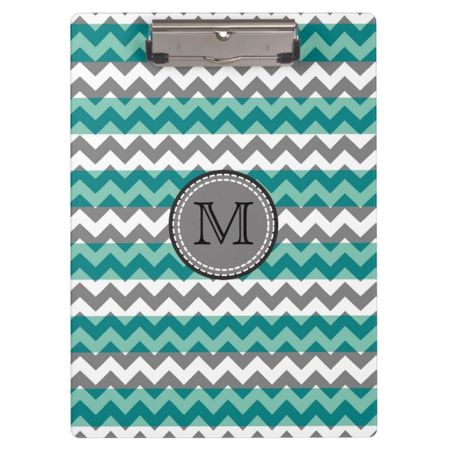 Turquoise and Grey Chevron Zigzag Monogram Clipboard (Front)