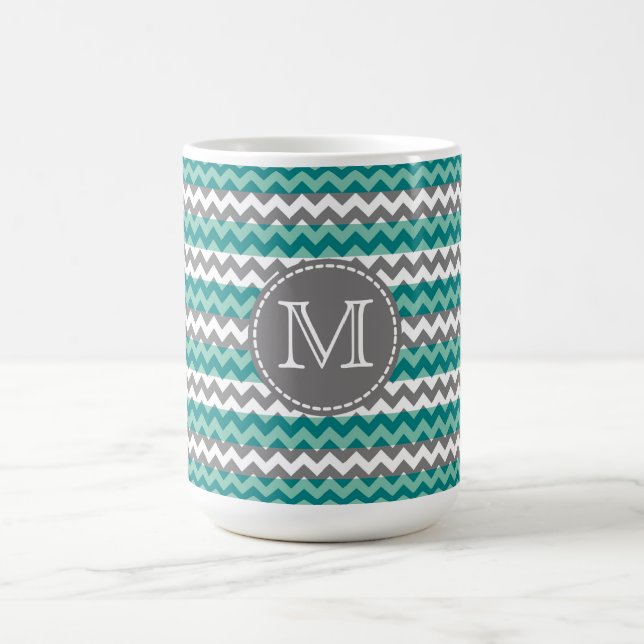 Turquoise and Grey Chevron Zigzag Monogram Coffee Mug (Center)