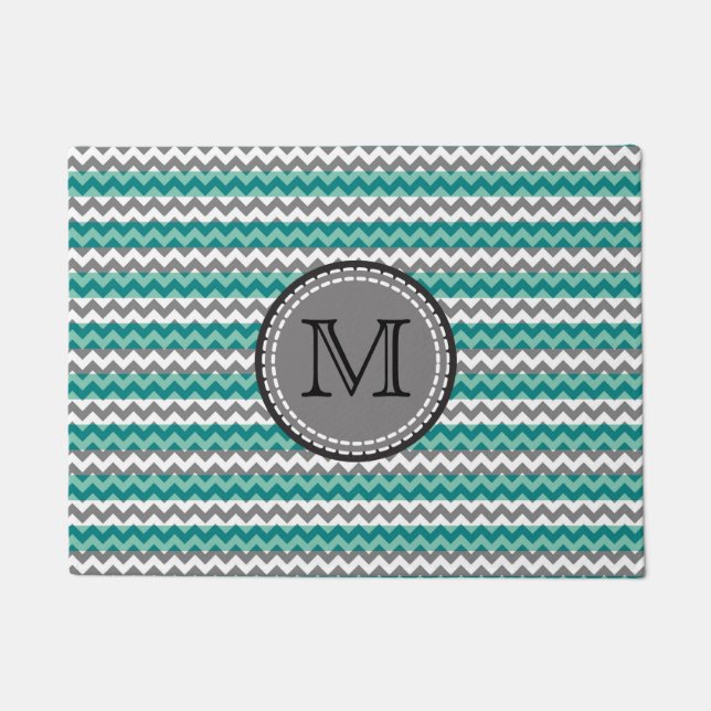 Turquoise and Grey Chevron Zigzag Monogram Doormat (Front)