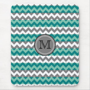 Turquoise and Grey Chevron Zigzag Monogram Mouse Pad