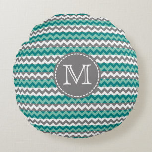 Turquoise and Grey Chevron Zigzag Monogram Round Pillow
