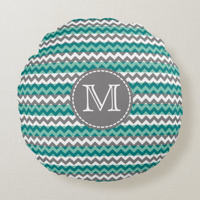 Turquoise and Grey Chevron Zigzag Monogram Round Pillow (Front)