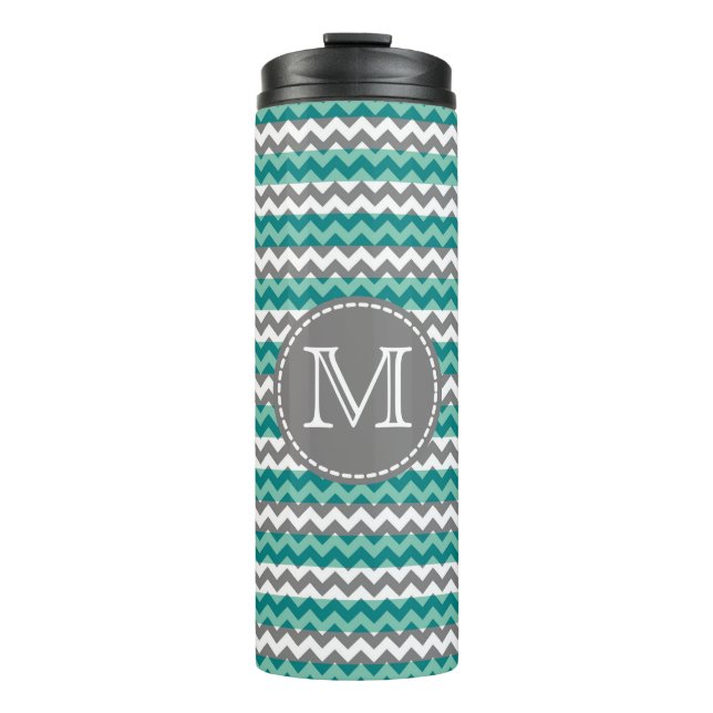 Turquoise and Grey Chevron Zigzag Monogram Thermal Tumbler (Front)