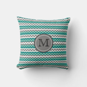 Turquoise and Grey Chevron Zigzag Monogram Throw Pillow