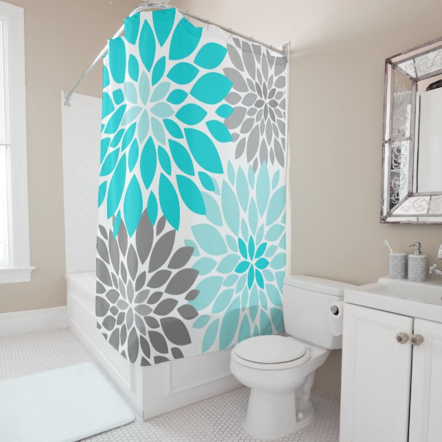 Turquoise and Grey Chrysanthemums Floral Pattern (In Situ)