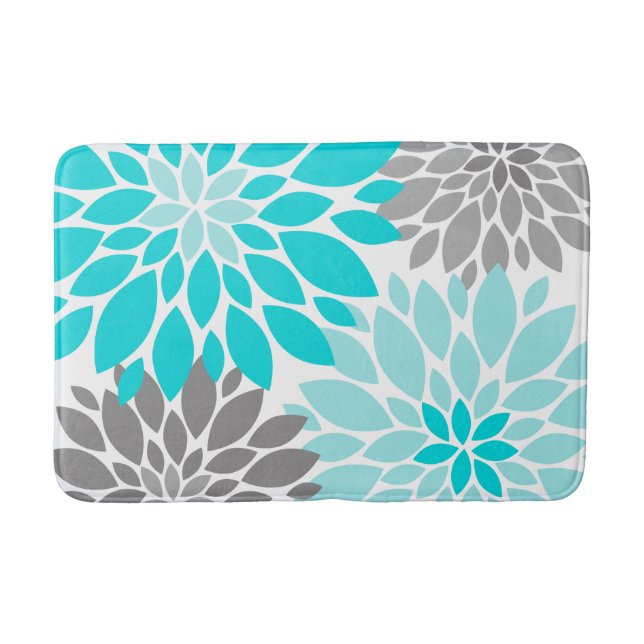 Turquoise and Grey Chrysanthemums Floral Pattern Bath Mat (Front)